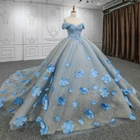 3D flower applique shiny lace blue ball gown evening gala quinceanera dress