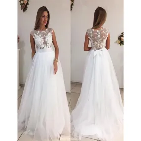 A-line Bateau Neck Cap Sleeves Appliques Tulle Wedding Dresses With Train, WD0412