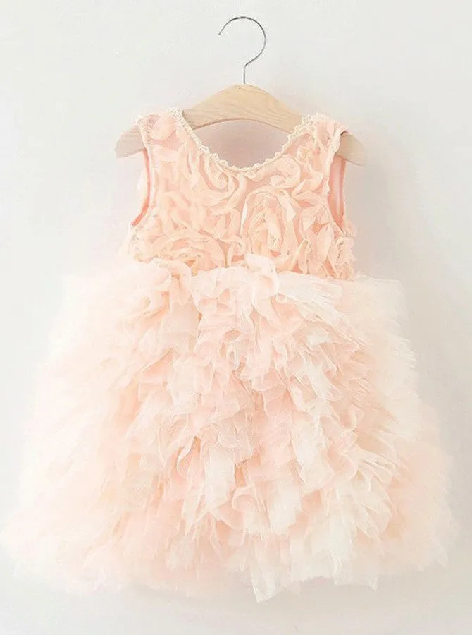 A-Line Crew Knee-Length Pearl Pink Tulle Flower Girl Dresses with Ruffles, TYP1026