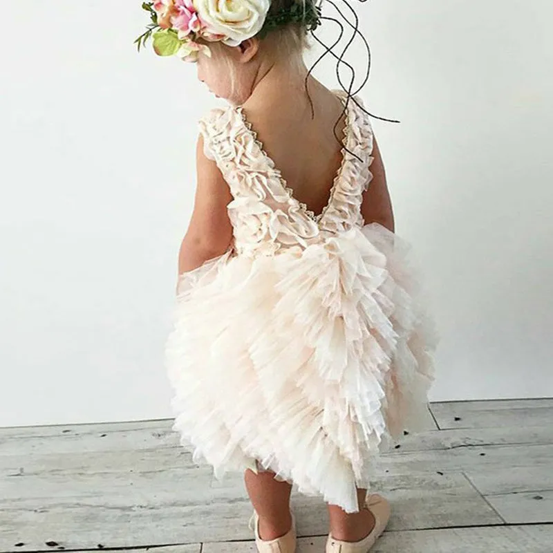 A-Line Crew Knee-Length Pearl Pink Tulle Flower Girl Dresses with Ruffles, TYP1026