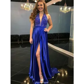 A-Line Deep V-Neck Sleeveless Royal Blue High Split Long Prom Dress, PD0130