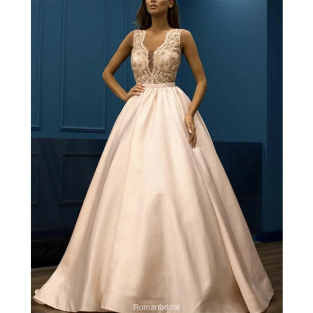 A-line Floor-length V-neck Flower Appliques Long Prom Dress, PD0627