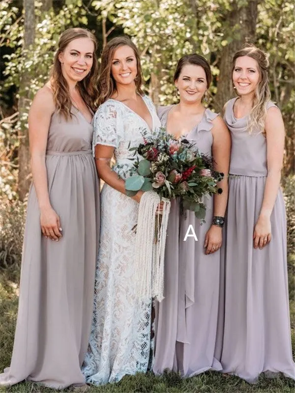 A-line Floor-length V-neck Sleeveless Long Ruffles Bridesmaid Dresses, BD0613