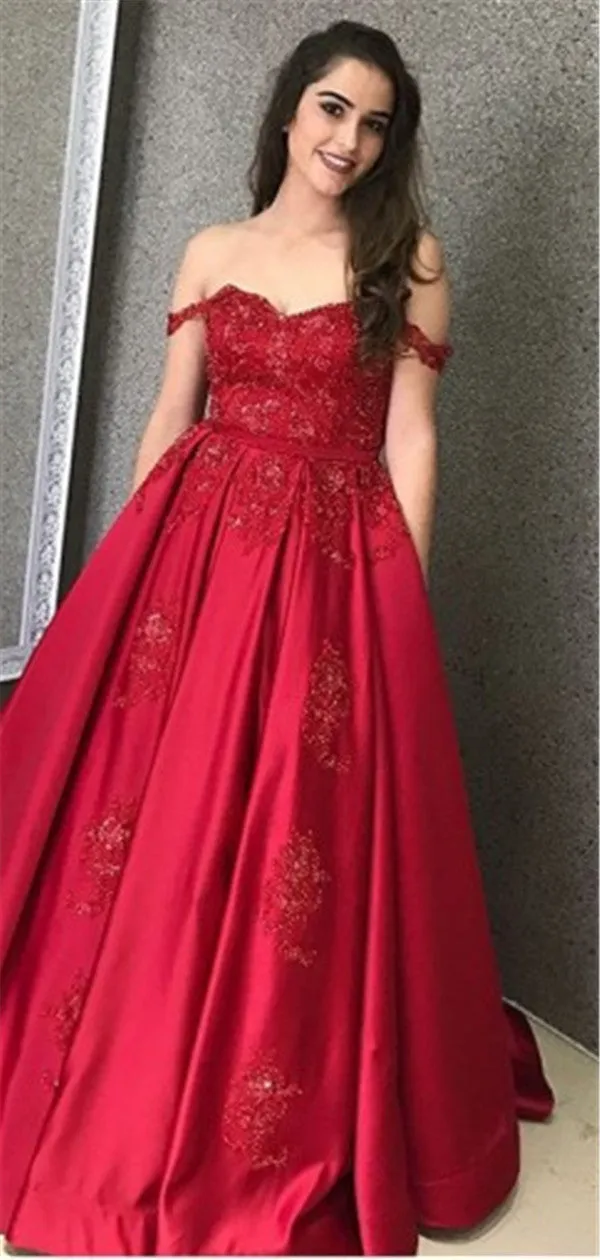 A-line Off-shoulder Lace Appliques Long Red Satin Prom Dresses, PD0766