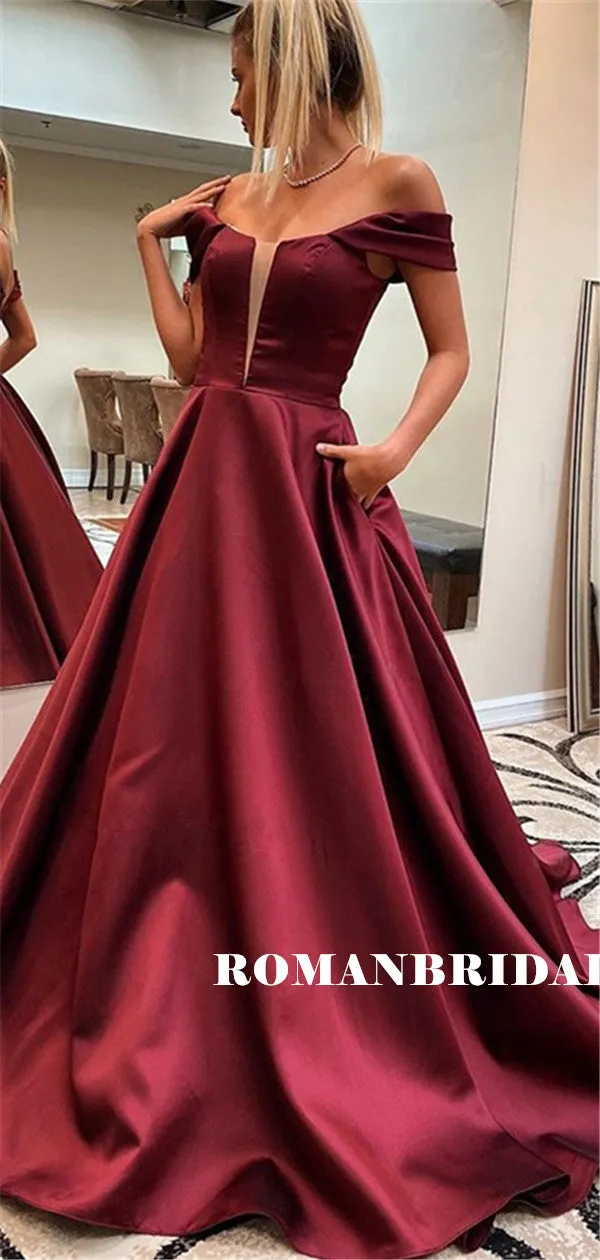 A-line Off-shoulder V-neck Elegant Simple Long Satin Prom Dresses, PD0850