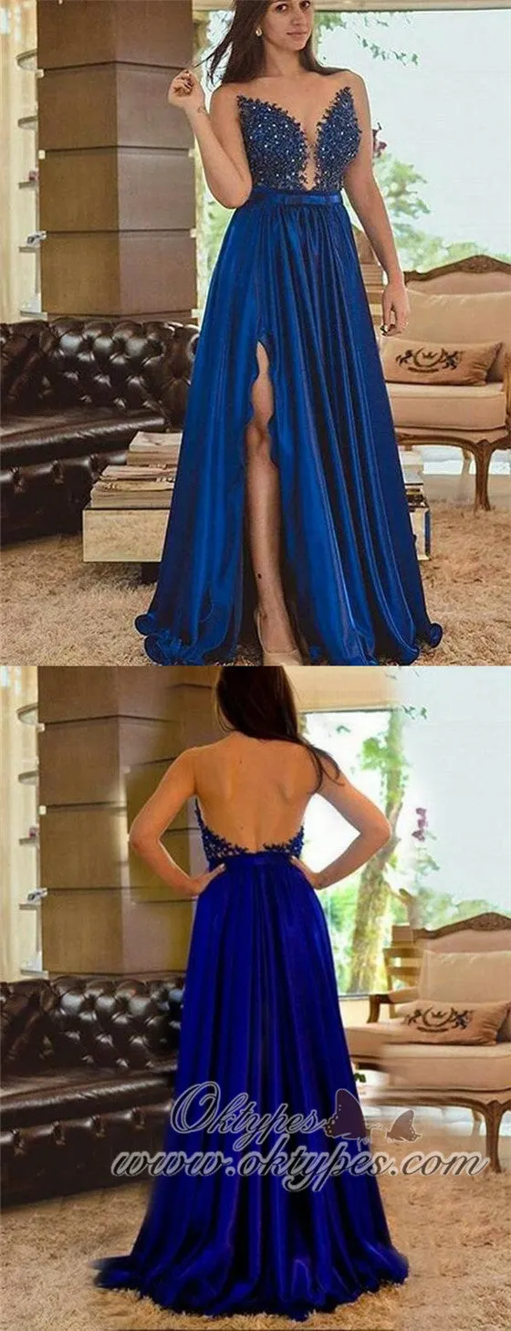 A Line Royal Blue Long Satin Prom Dresses with Split&Beaded, TYP1598