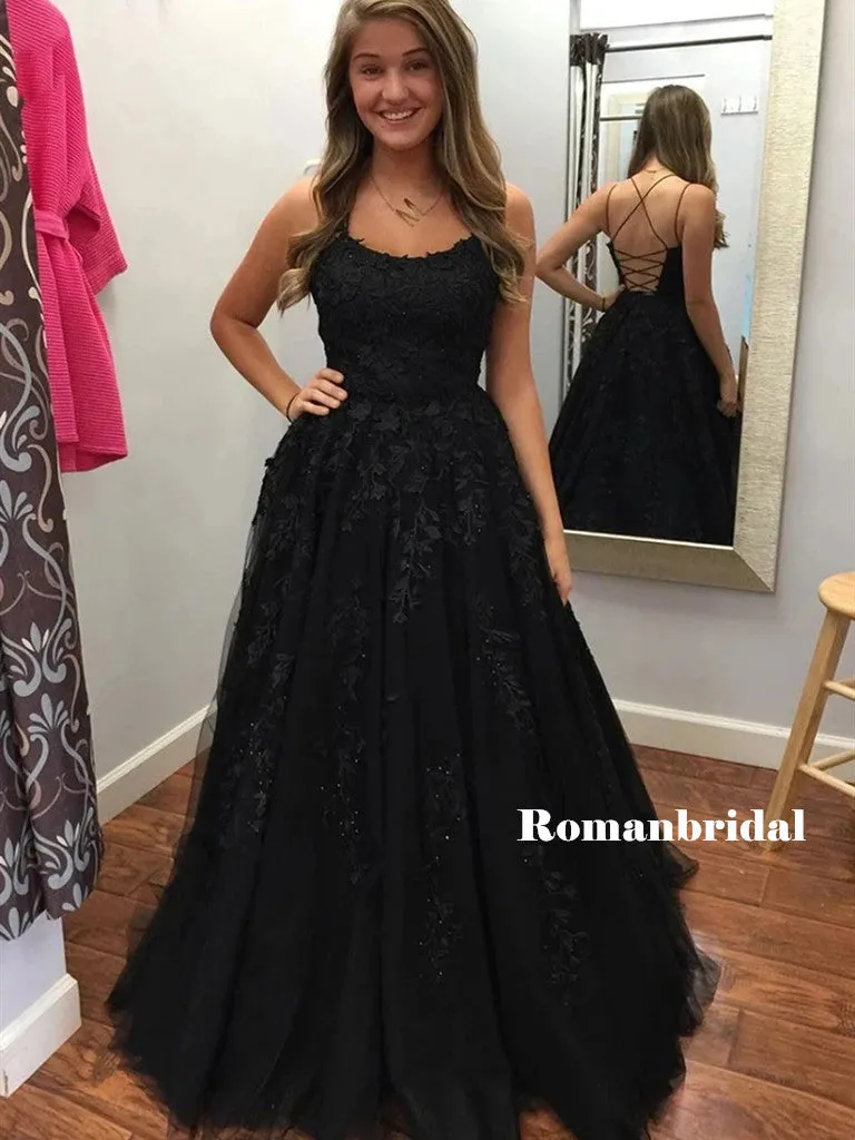 A-line Spaghetti Straps Lace-up Back Lace Beading Black Prom Dresses, PD0806