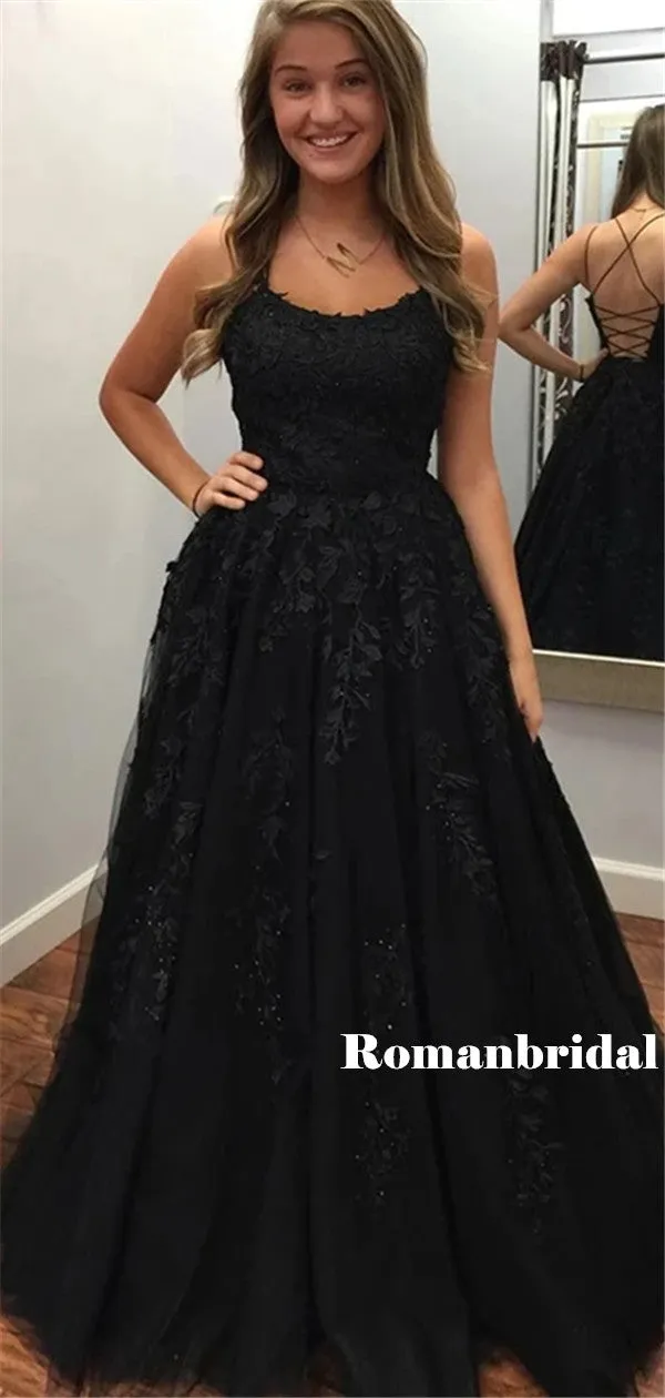 A-line Spaghetti Straps Lace-up Back Lace Beading Black Prom Dresses, PD0806