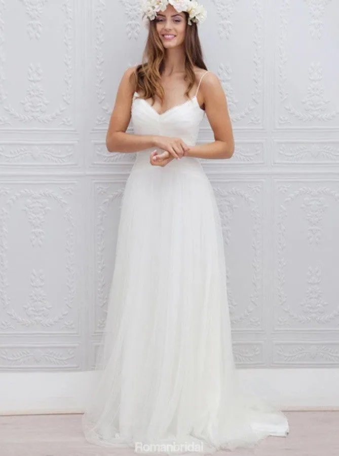 A-Line Spaghetti Straps Sweep Train Sleeveless White Beach Wedding Dress, WD0328