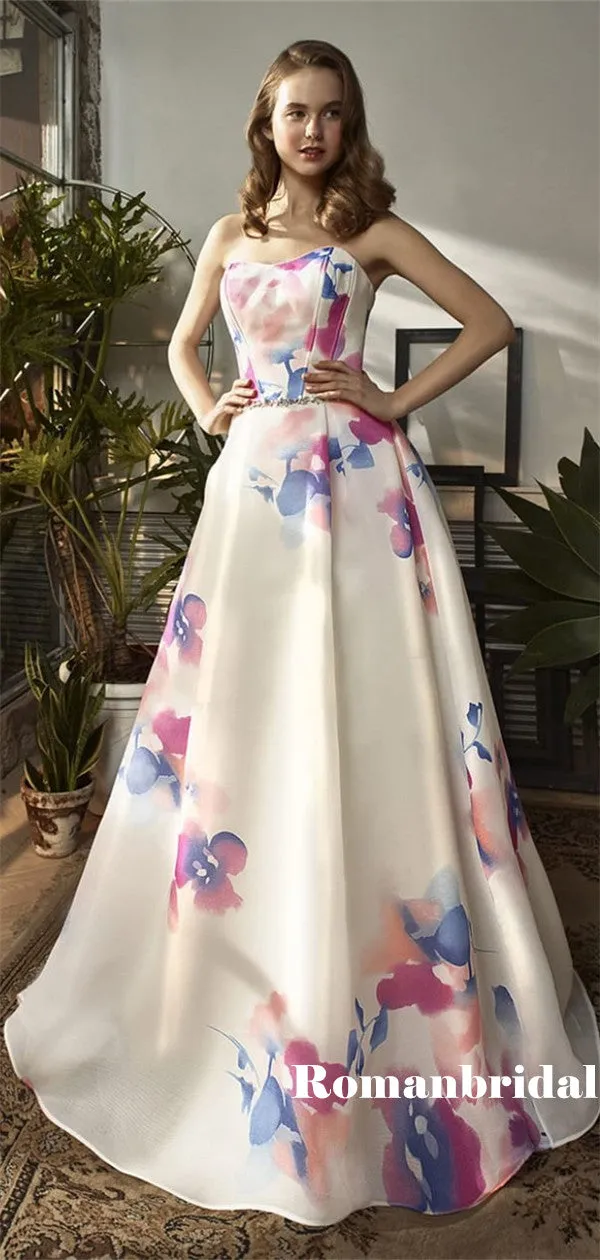 A-line Strapless Printed Chiffon Long Prom Dresses With Belt, PD0789