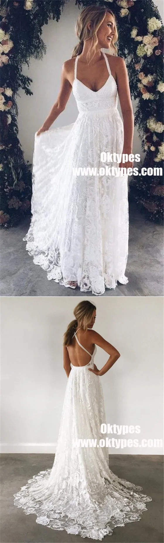 A-Line Straps Backless Court Train Lace Beach Wedding Dresses, TYP0858