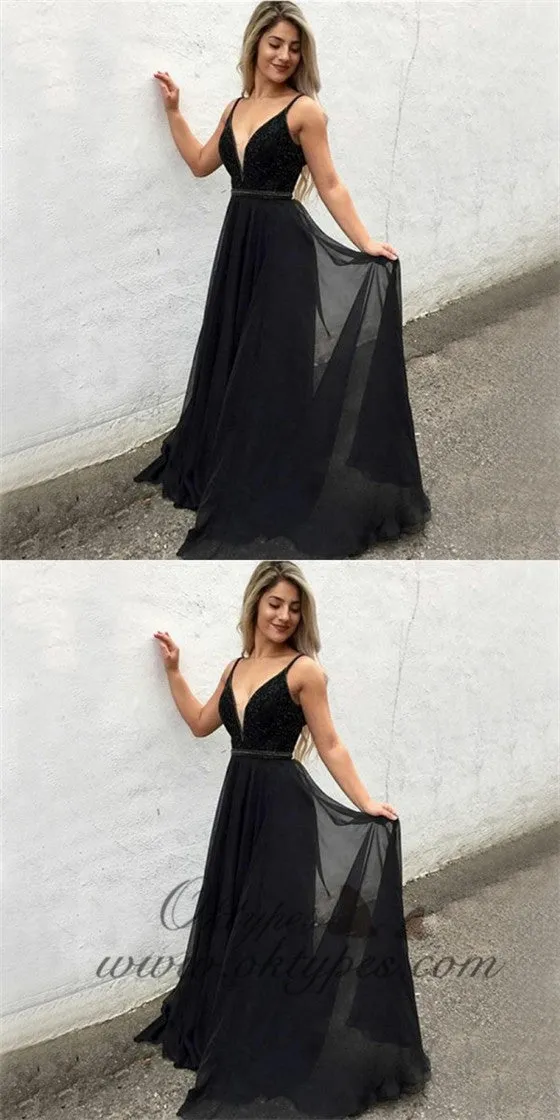 A-Line V-Neck Long Cheap Black Chiffon Prom Dresses with Beading, TYP1261