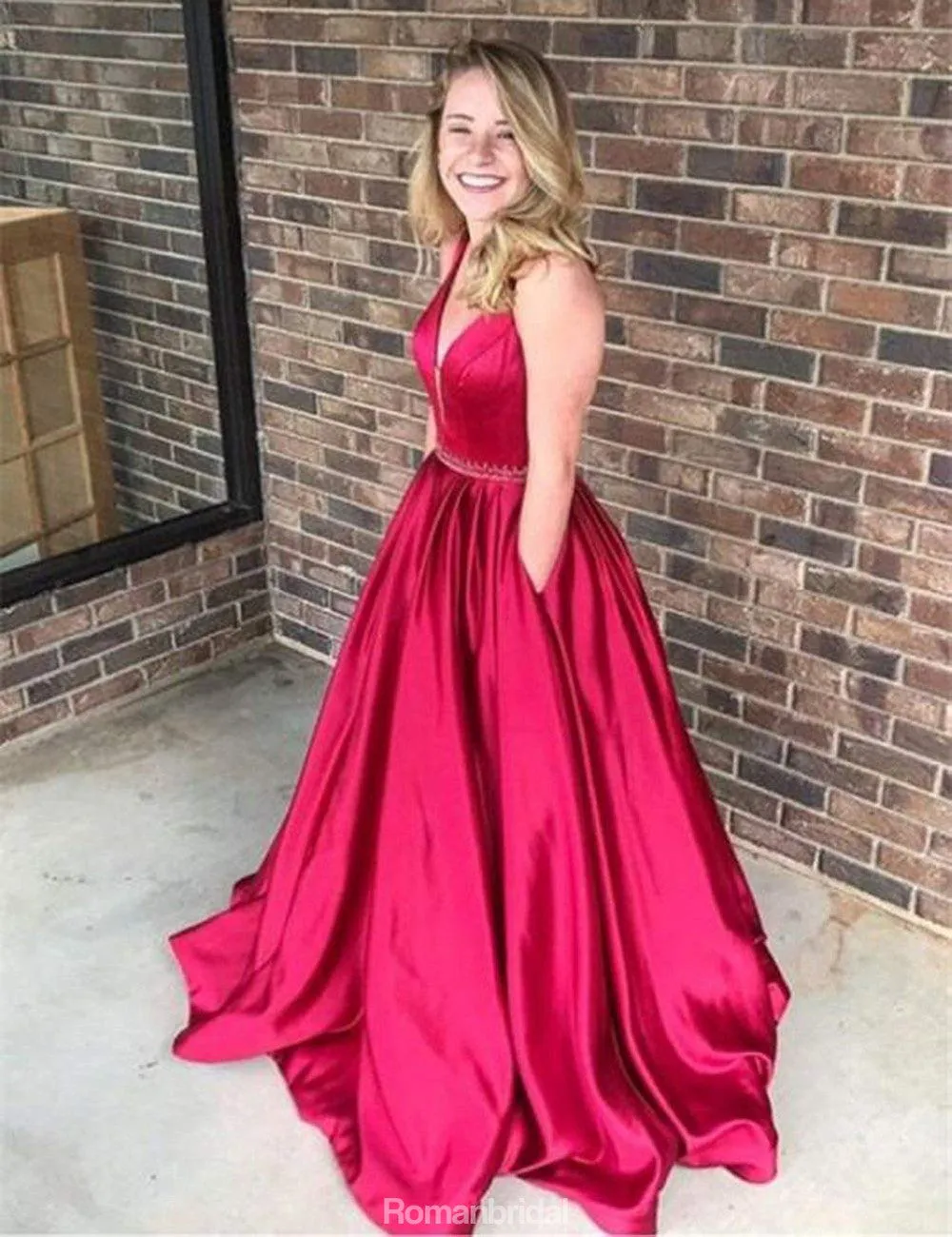 A-line V-neck Long Red Ball Gown,Prom Dress With Pocket, PD0606