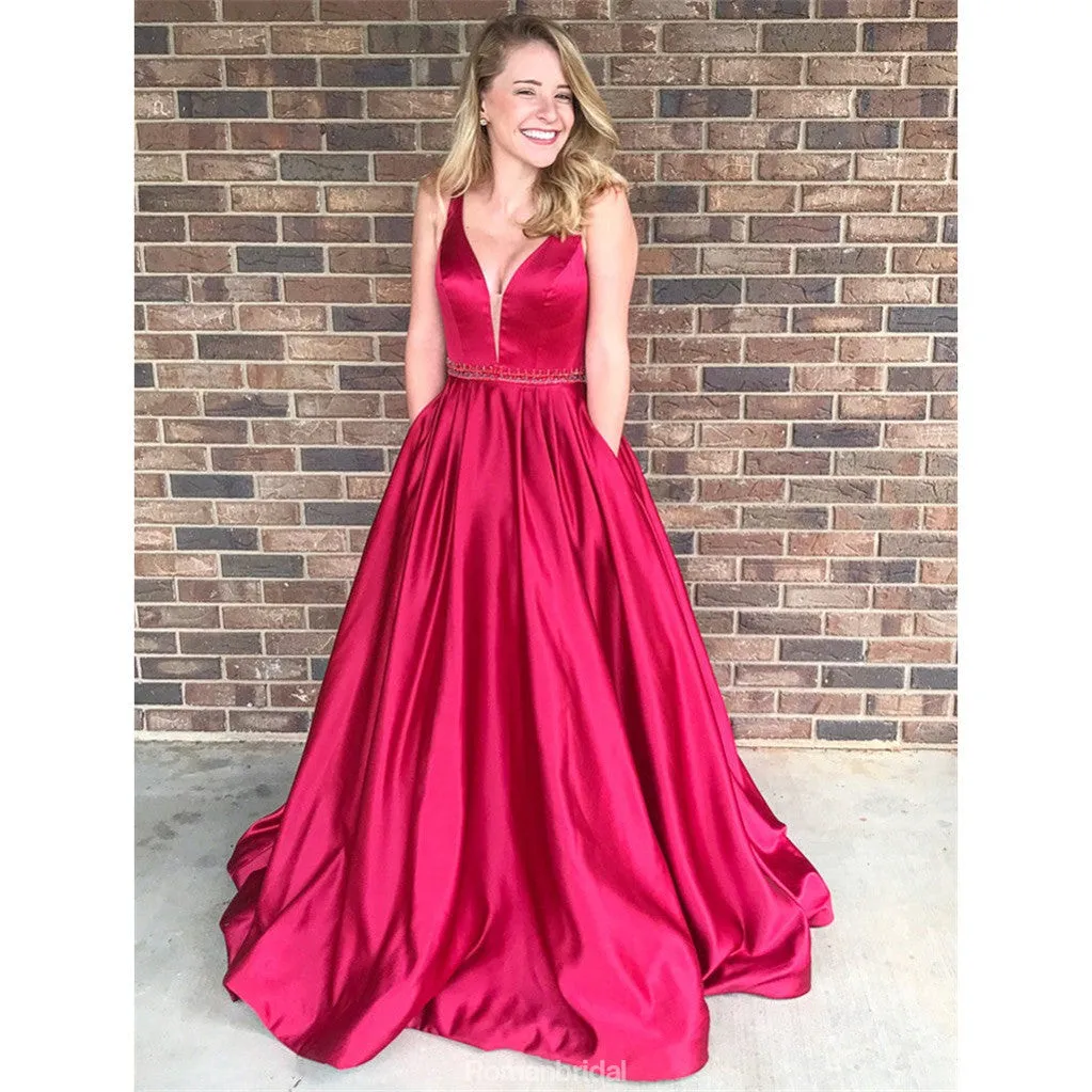 A-line V-neck Long Red Ball Gown,Prom Dress With Pocket, PD0606