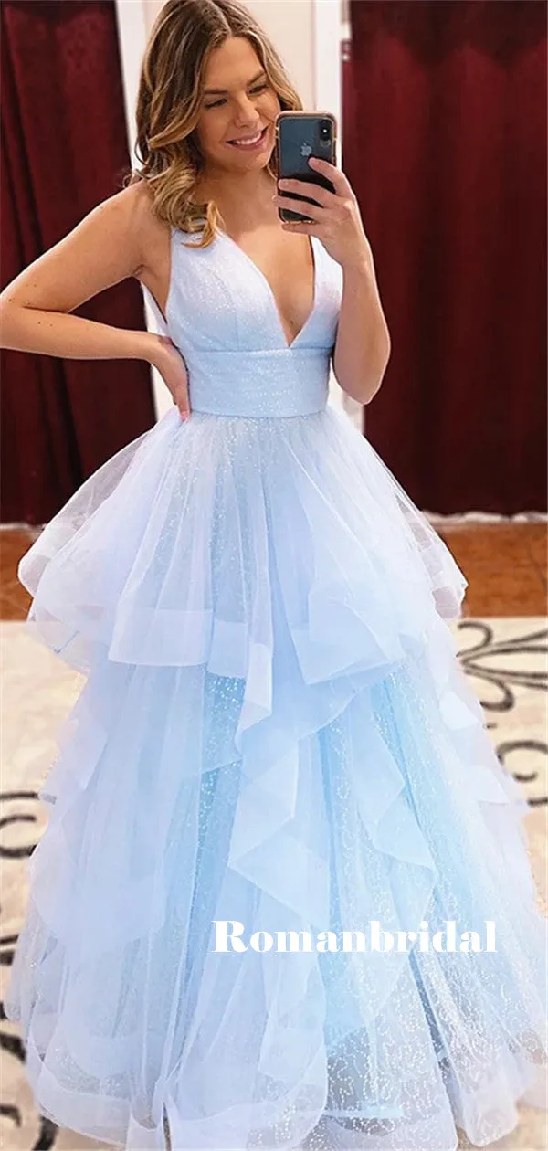 A-line V-neck Sleeveless Shiny Long Blue Organza Prom Dresses, PD0796