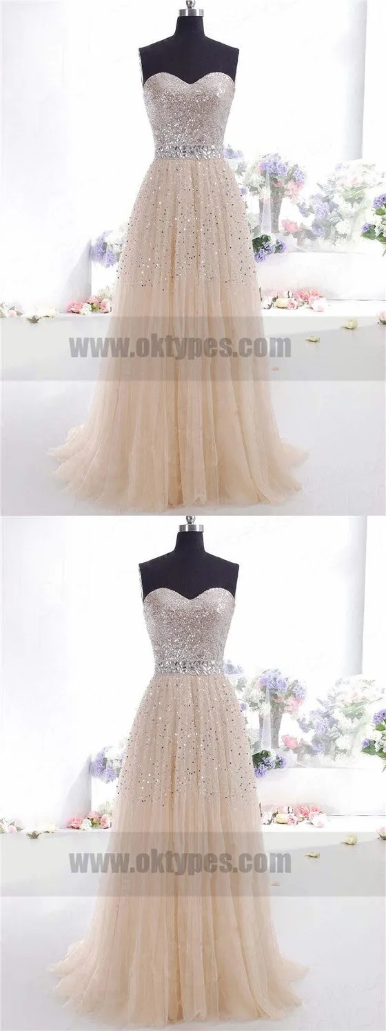 A-line/Princess Sweetheart Zipper Back Sequins Tulle Floor-length Prom Dresses with Beaded, TYP0749