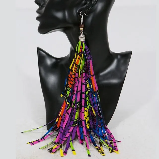 African Tribal Handmade Boho Fabric with Long Tassel Earrings Jewelry