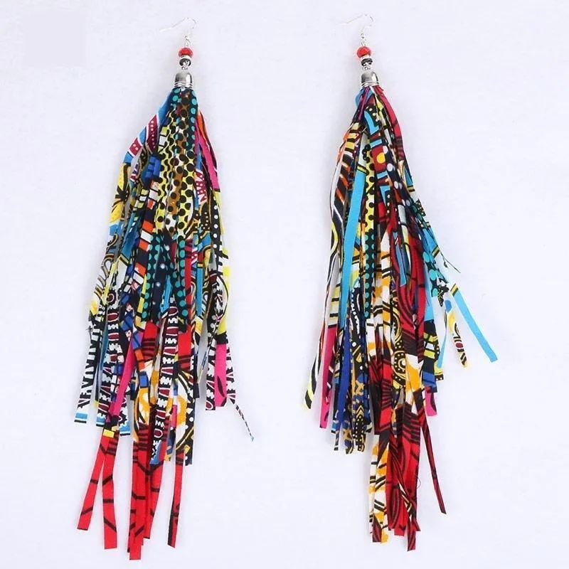 African Tribal Handmade Boho Fabric with Long Tassel Earrings Jewelry