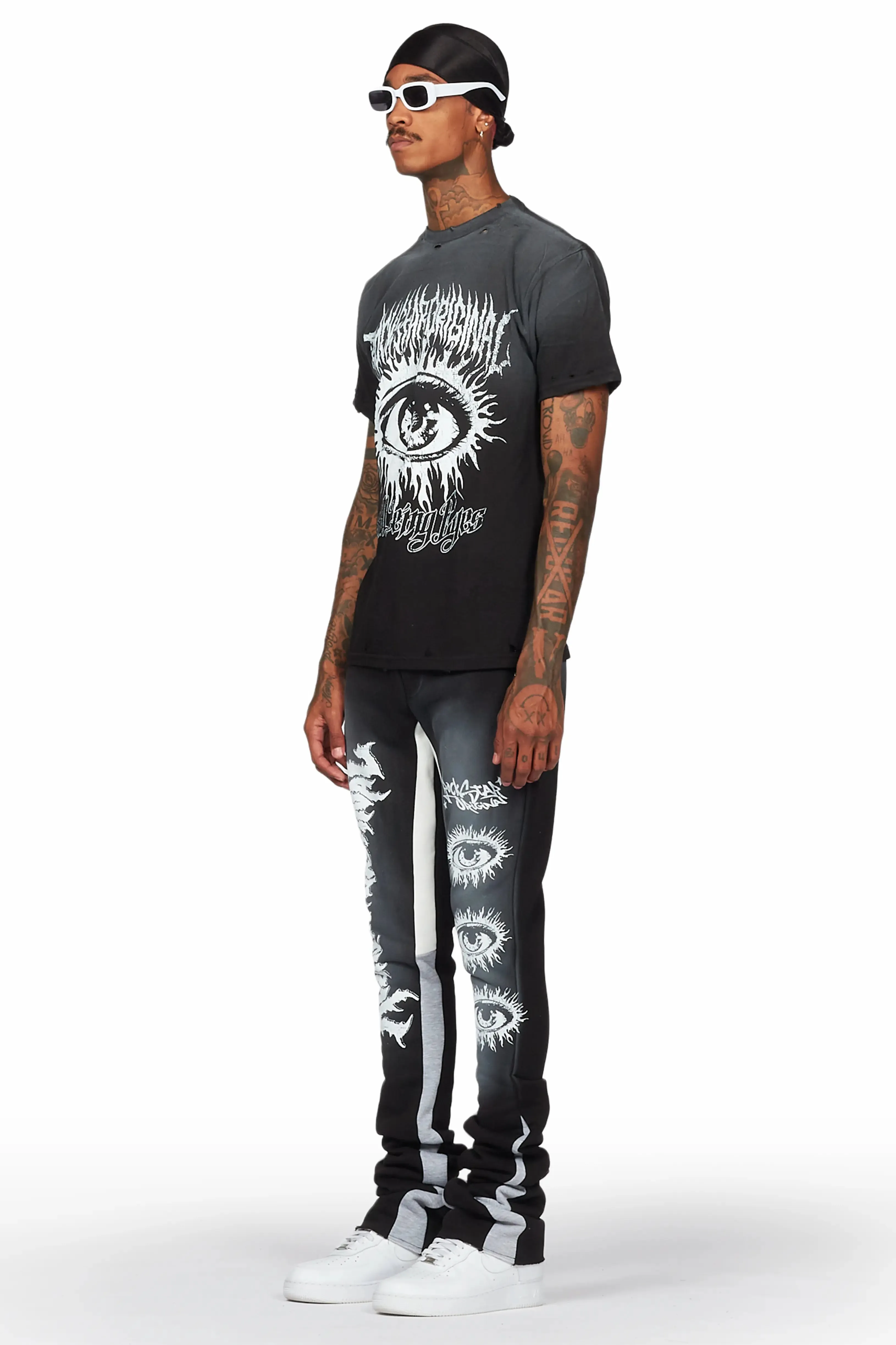 All Seeing Eyes Black T-Shirt/Super Stacked Flare Pant Set