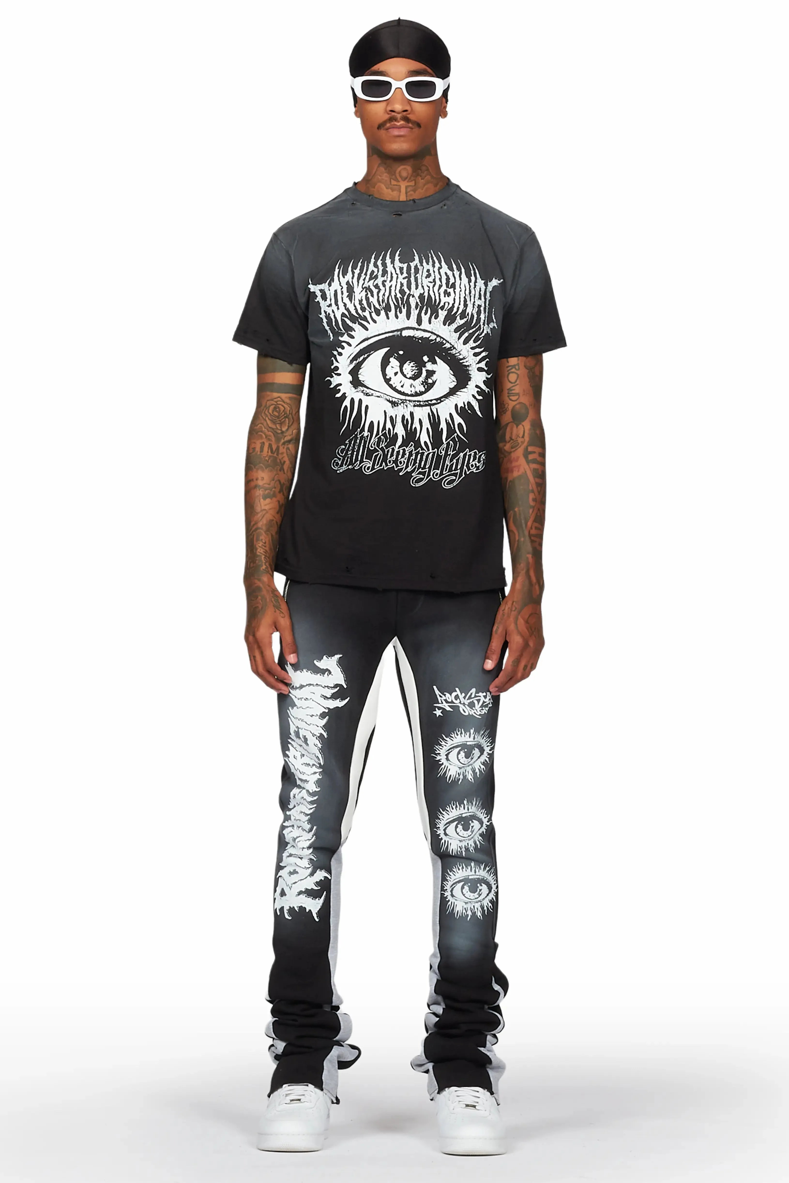 All Seeing Eyes Black T-Shirt/Super Stacked Flare Pant Set