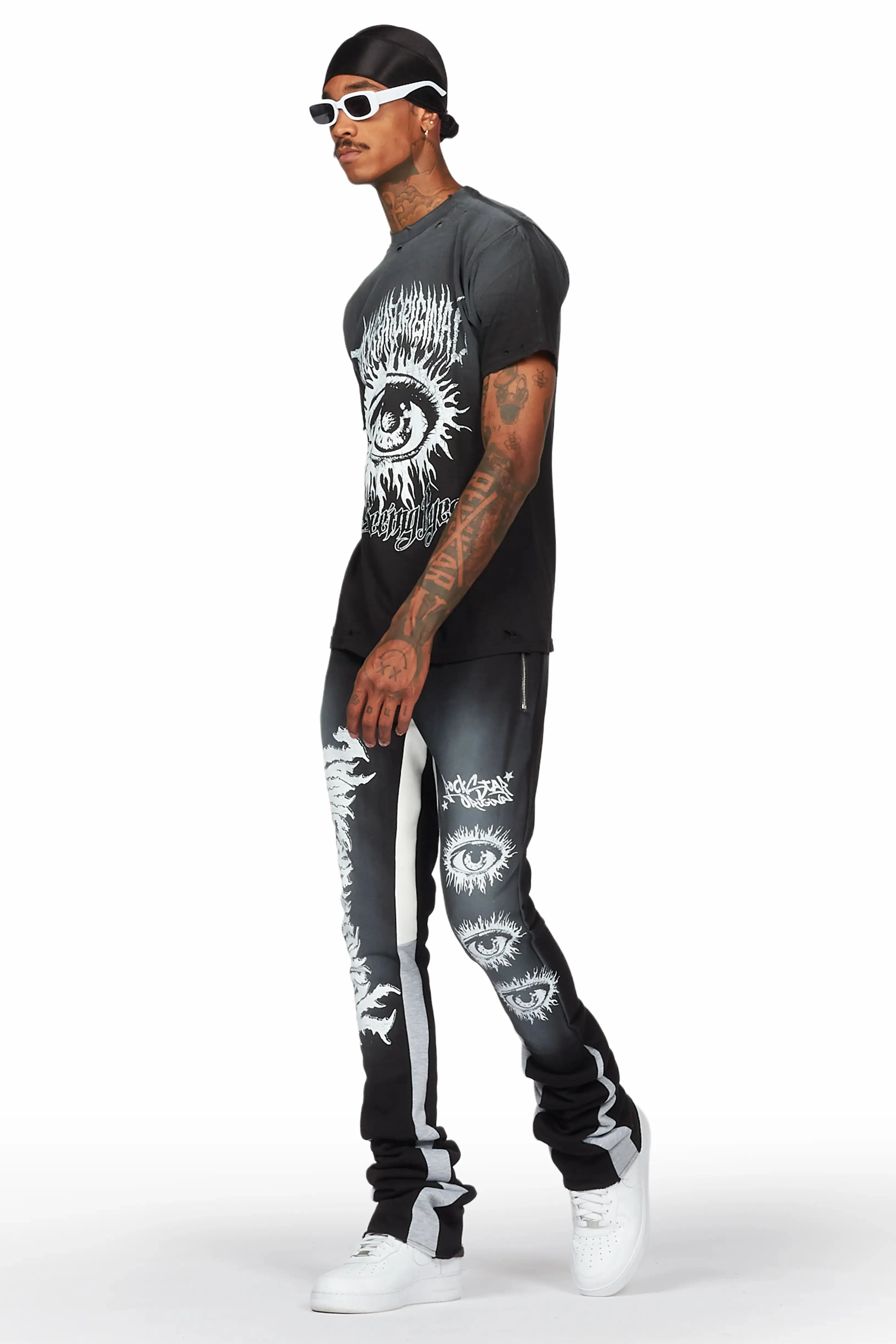 All Seeing Eyes Black T-Shirt/Super Stacked Flare Pant Set