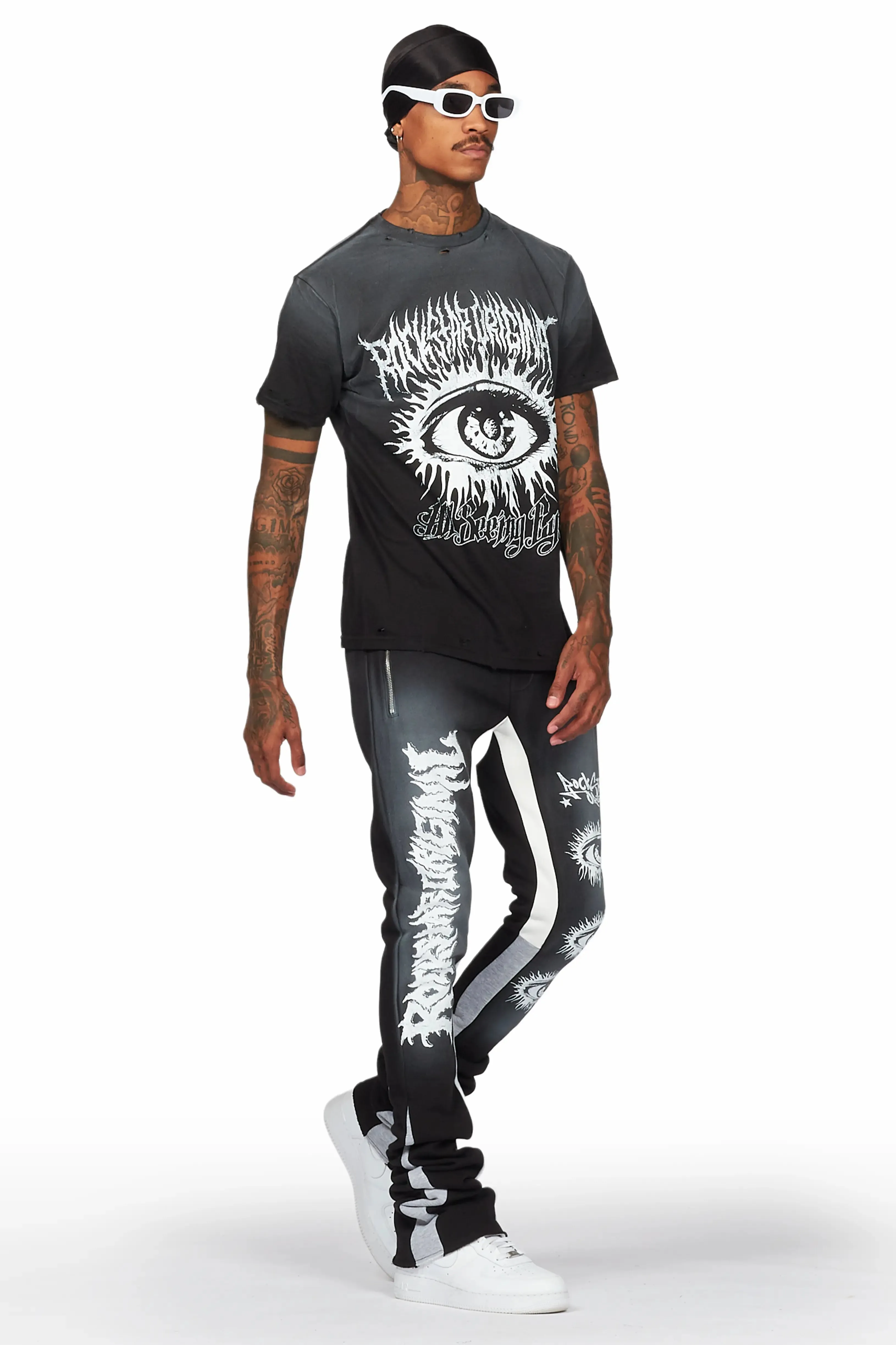 All Seeing Eyes Black T-Shirt/Super Stacked Flare Pant Set