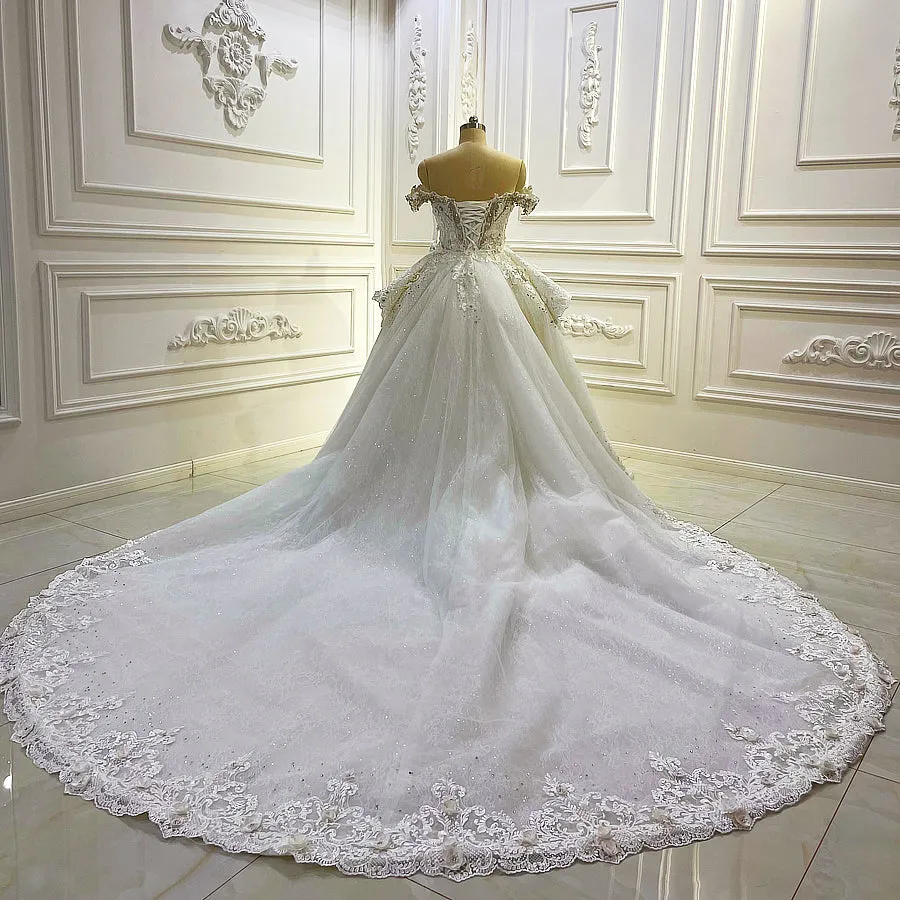 AM1062 High Quality Off Shoulder Lace Appliques 3D Flowers Detachable Skirt Wedding Dress