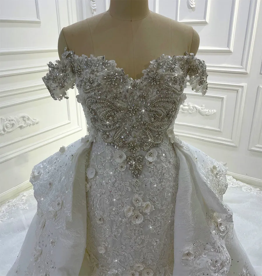 AM1062 High Quality Off Shoulder Lace Appliques 3D Flowers Detachable Skirt Wedding Dress