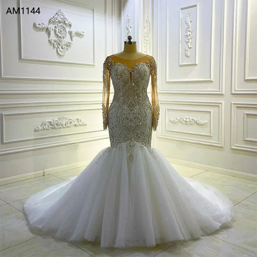 AM1144 Full Sleeve Crystal Beaded Handwork mermaid ball gown  luxury Wedding Dress