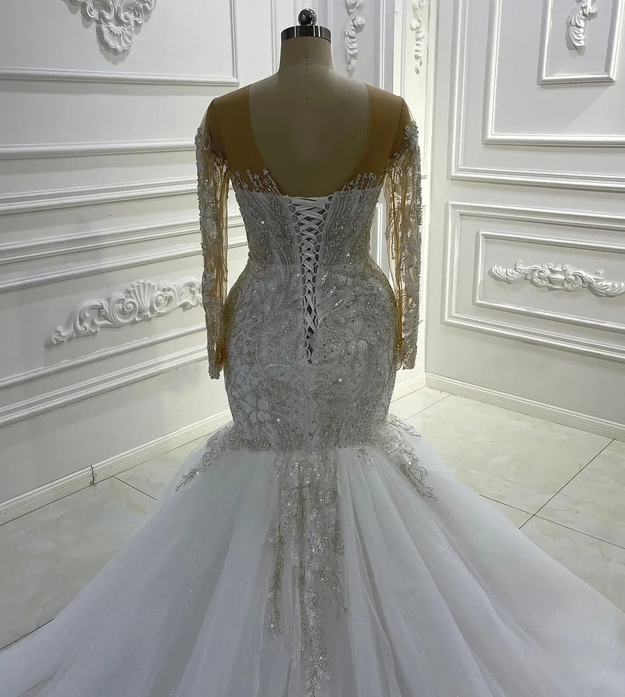 AM1258 Long Sleeve Lace Mermaid Crystal luxury Wedding Dress