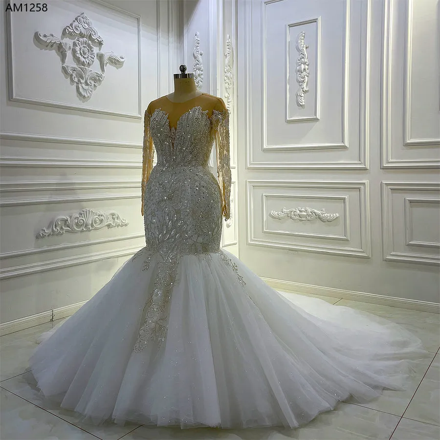 AM1258 Long Sleeve Lace Mermaid Crystal luxury Wedding Dress