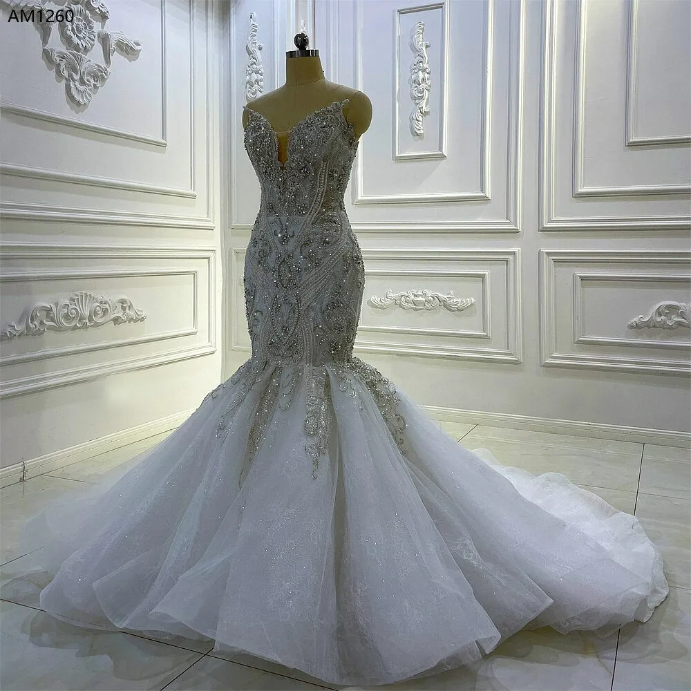 AM1260 Removable Straps Crystal Pearls Mermaid Luxury Wedding Dress