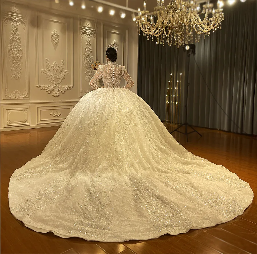 AM1355 High Neck Sequin Lace Long Sleeve Ball Gown Luxury Wedding Dress