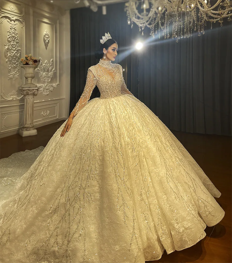 AM1355 High Neck Sequin Lace Long Sleeve Ball Gown Luxury Wedding Dress