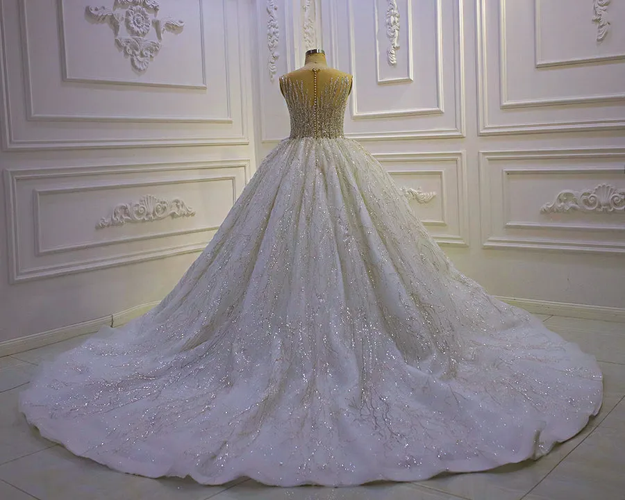 AM1358 Luxury Sleeveless Sequin Lace Ball Gown illusion neckline Luxury Wedding Dress