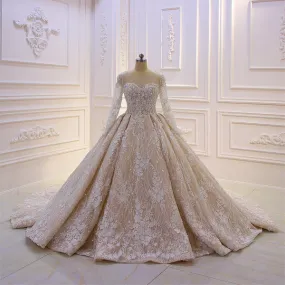 AM229 Long Sleeves Lace Applique 3D flowers Champagne Luxury Wedding Dress