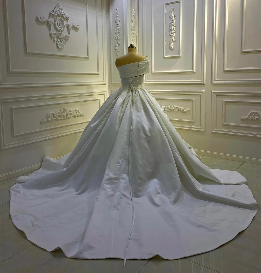 AM747 Off Shoulder Crystal Satin Ball Gown Wedding Dress