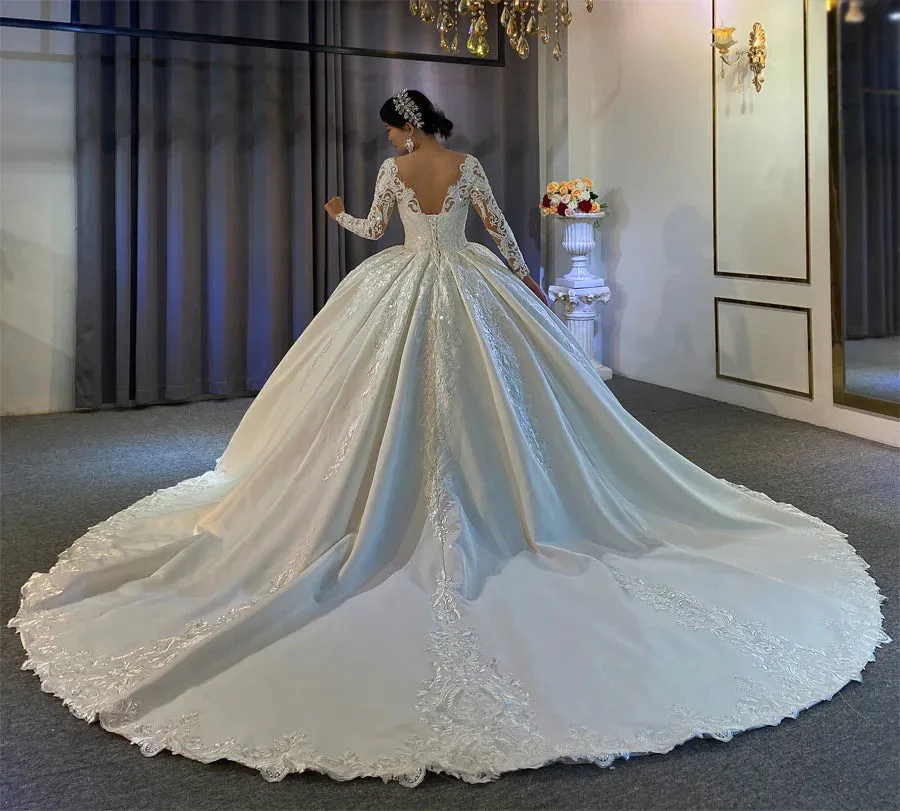 AM760 Luxury Haute Couture Satin with Lace Applique Ball Gown wedding dress