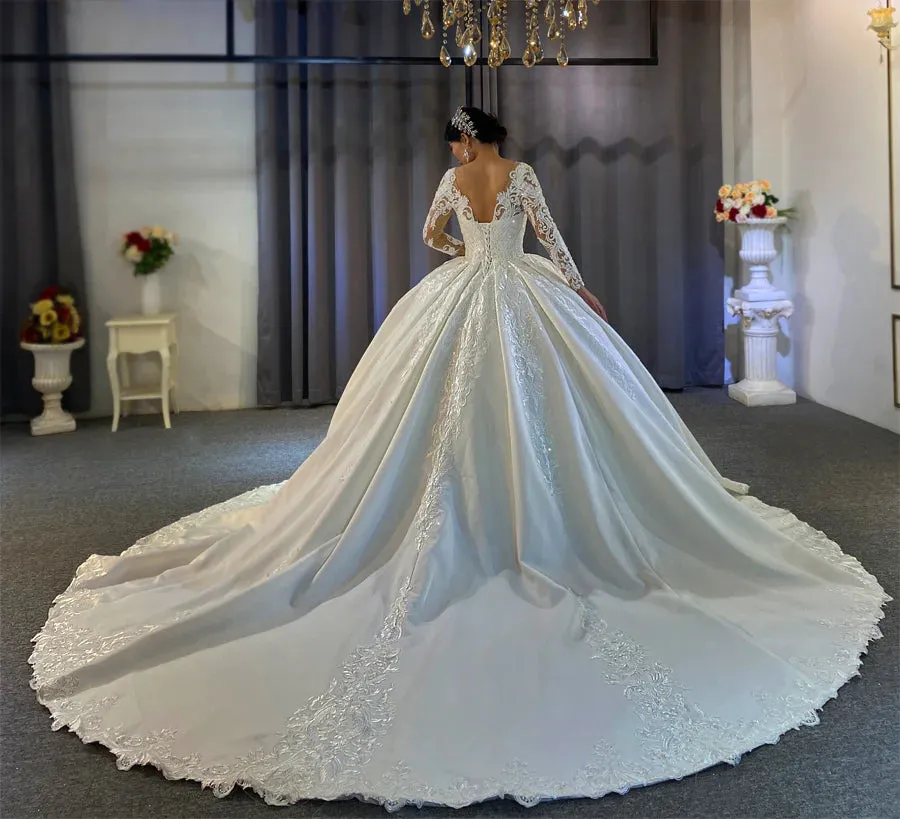 AM760 Luxury Haute Couture Satin with Lace Applique Ball Gown wedding dress