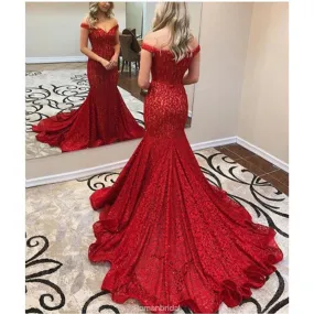 Amazing Off-shoulder Mermaid Red Lace Prom Dress With Train, PD0644