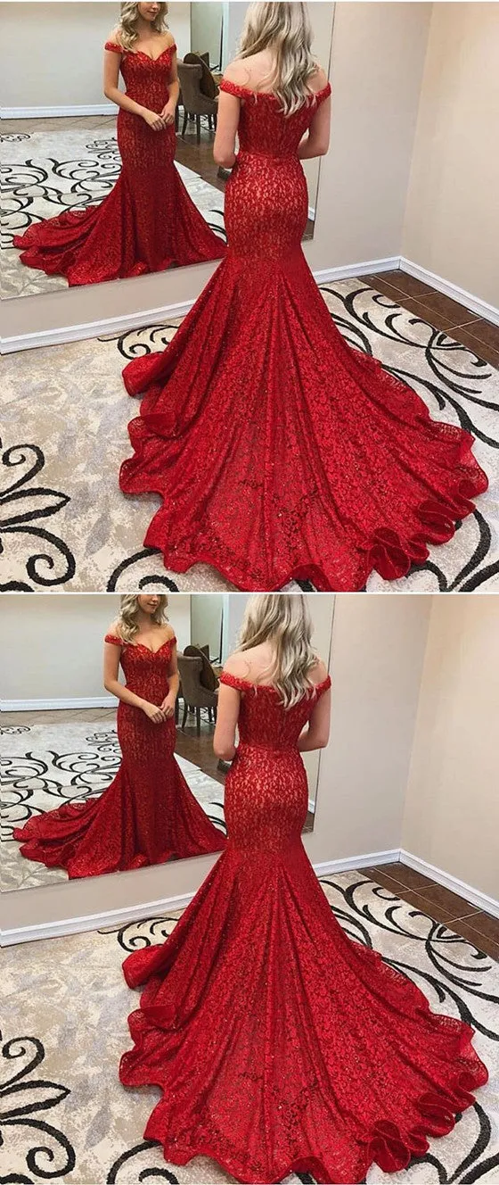 Amazing Off-shoulder Mermaid Red Lace Prom Dress With Train, PD0644