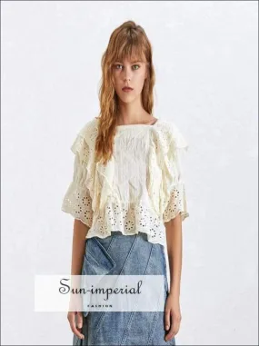 Anne top in Apricot - Lace Lace Blouse for Women Square Collar Ruffles Puff Sleeve Crop top