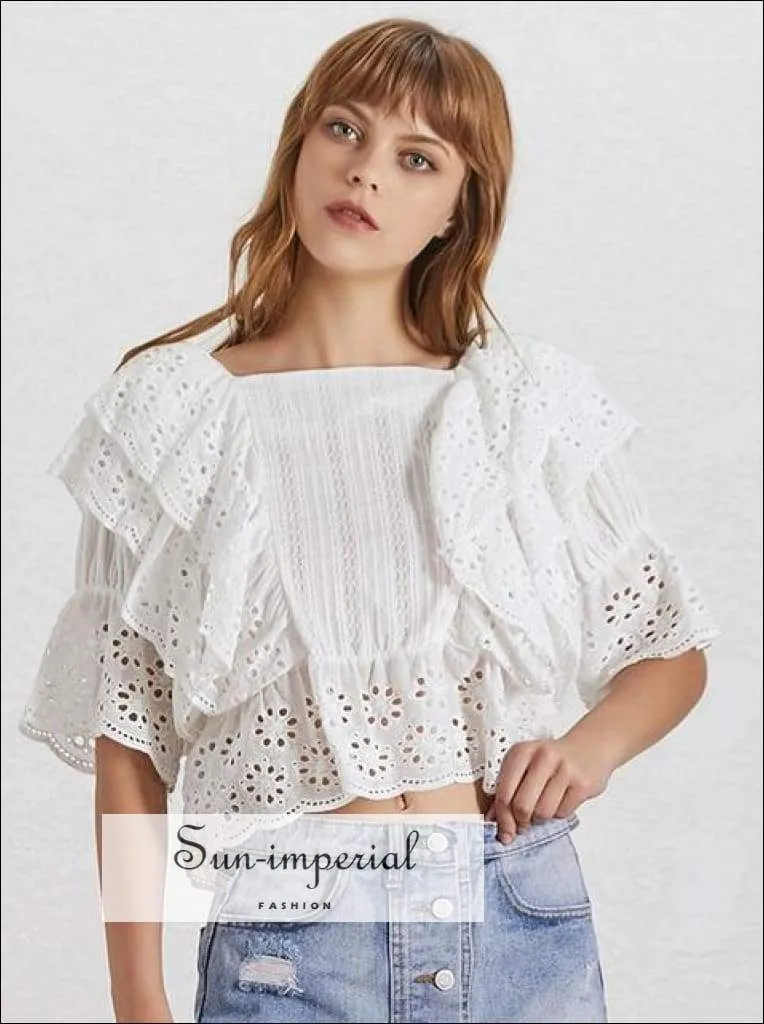 Anne top in Apricot - Lace Lace Blouse for Women Square Collar Ruffles Puff Sleeve Crop top