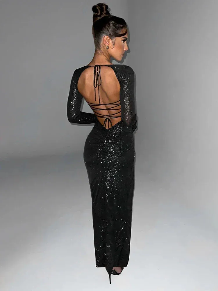 Autumn Winter Strapless High Split Nightclub Sexy Backless Slim Bodycon Midi Dress