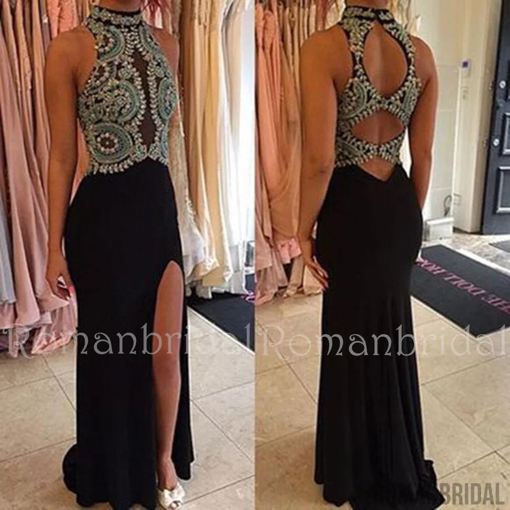 Beaded prom dress, long prom dress, black prom dress, side slit prom dress, open back evening dress, prom dress, PD0486