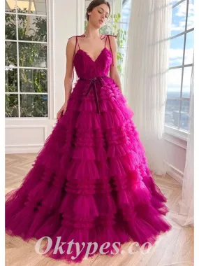 Beautiful Tulle Spaghetti Straps V-Neck Sleeveless A-Line Long prom Dresses, PDS0838