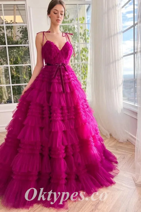 Beautiful Tulle Spaghetti Straps V-Neck Sleeveless A-Line Long prom Dresses, PDS0838