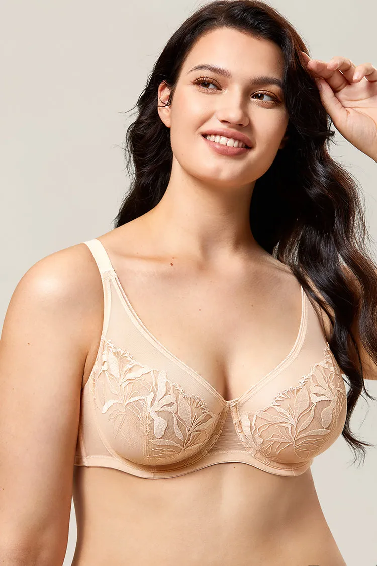 Beige Sexy Floral Lace Unlined Underwire Full Coverage Bra for Women