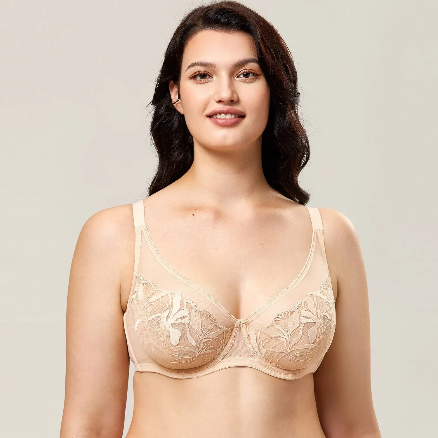 Beige Sexy Floral Lace Unlined Underwire Full Coverage Bra for Women