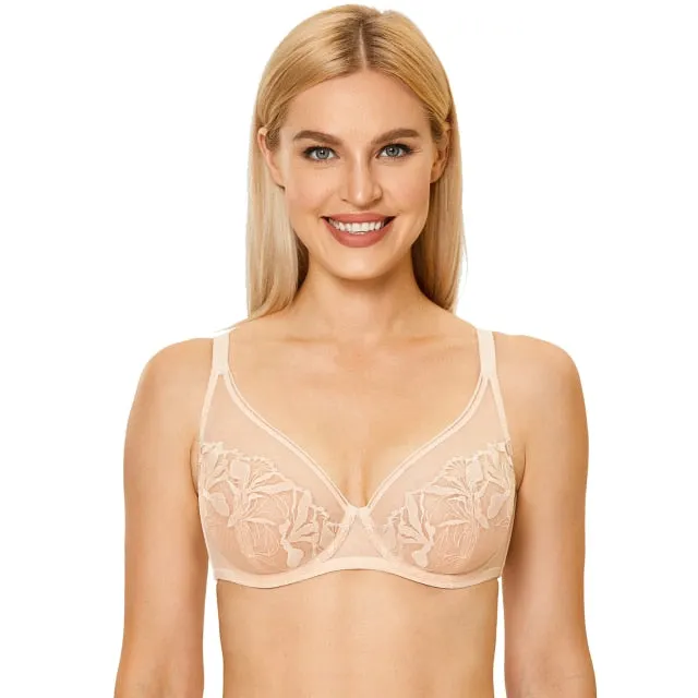 Beige Sexy Floral Lace Unlined Underwire Full Coverage Bra for Women